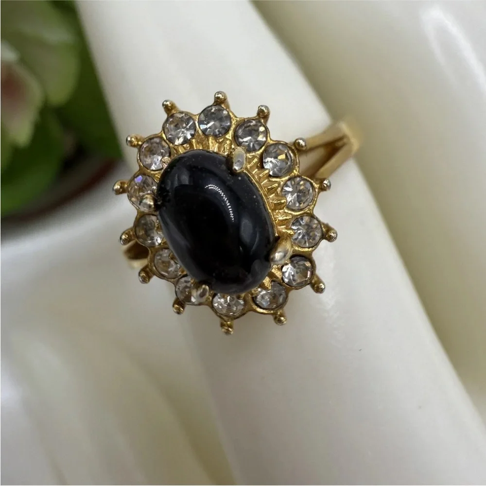18K Gold Ring with Black Center Stone and Clear Accent Stones